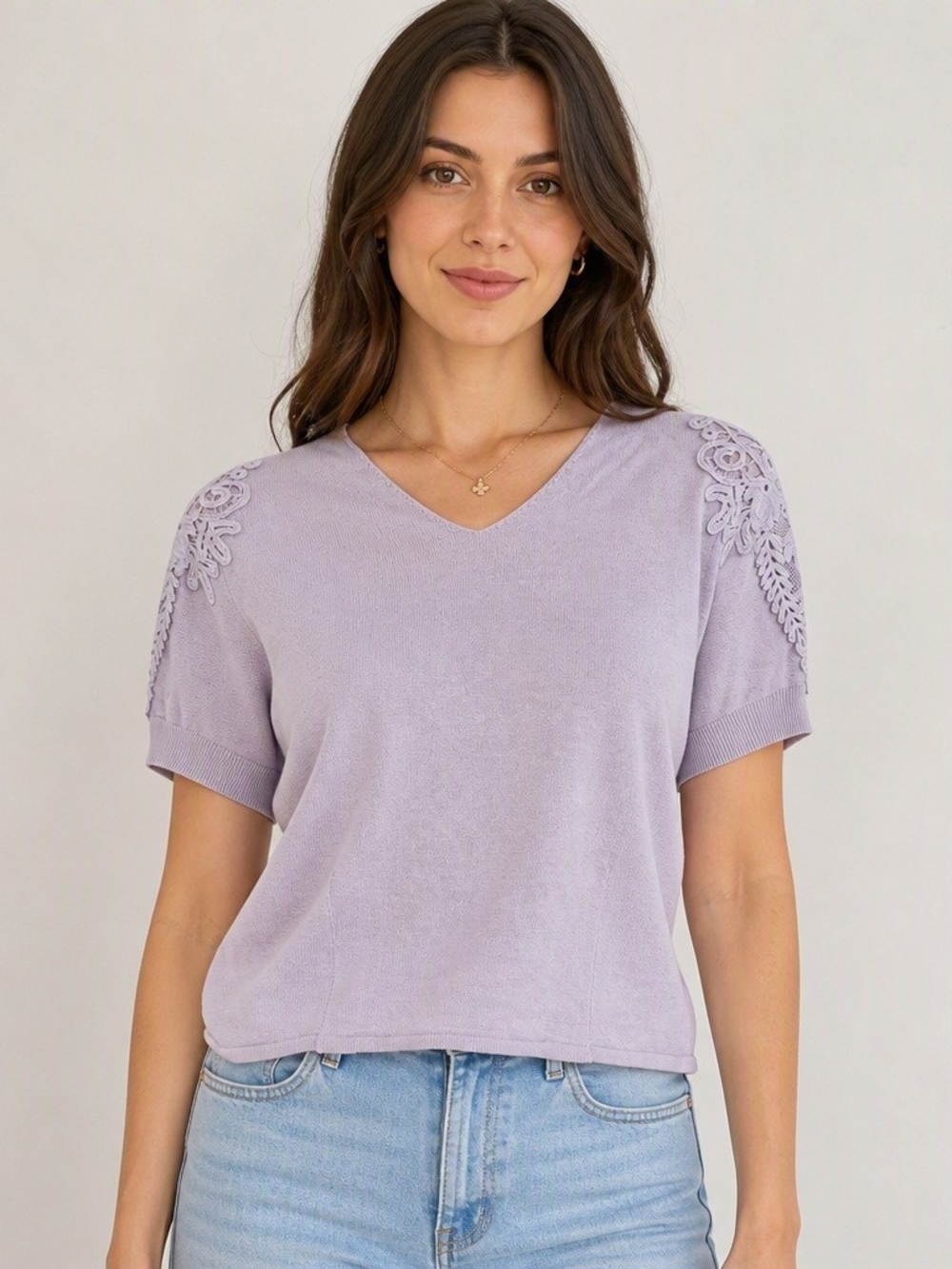 Lilac Knit Top Soro Create Lace Shoulder M/L Shrug Pullover Boho Romantic Pastel
